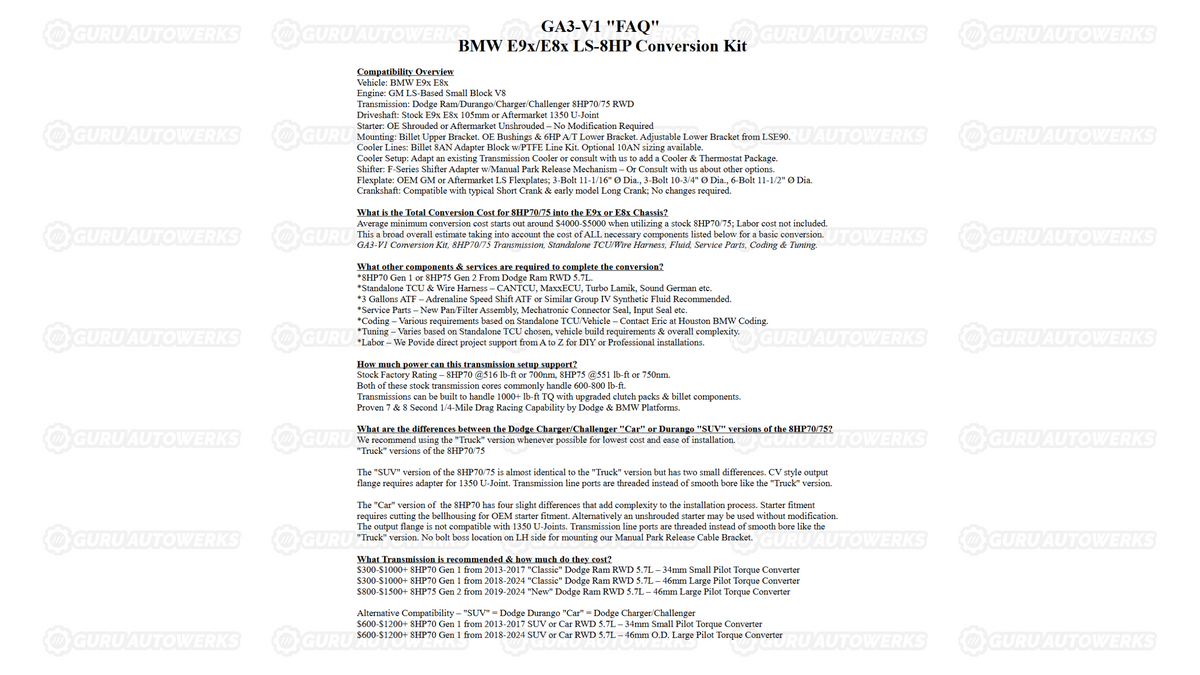 GA3-V3 Transmission Adapter Kit — GM LS · LT · SBC · BBC · BOP to Dodge 8HP70 · 75 · 90 · 95