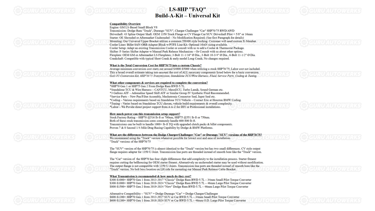 GA3-V3 Transmission Adapter Kit — GM LS · LT · SBC · BBC · BOP to Dodge 8HP70 · 75 · 90 · 95