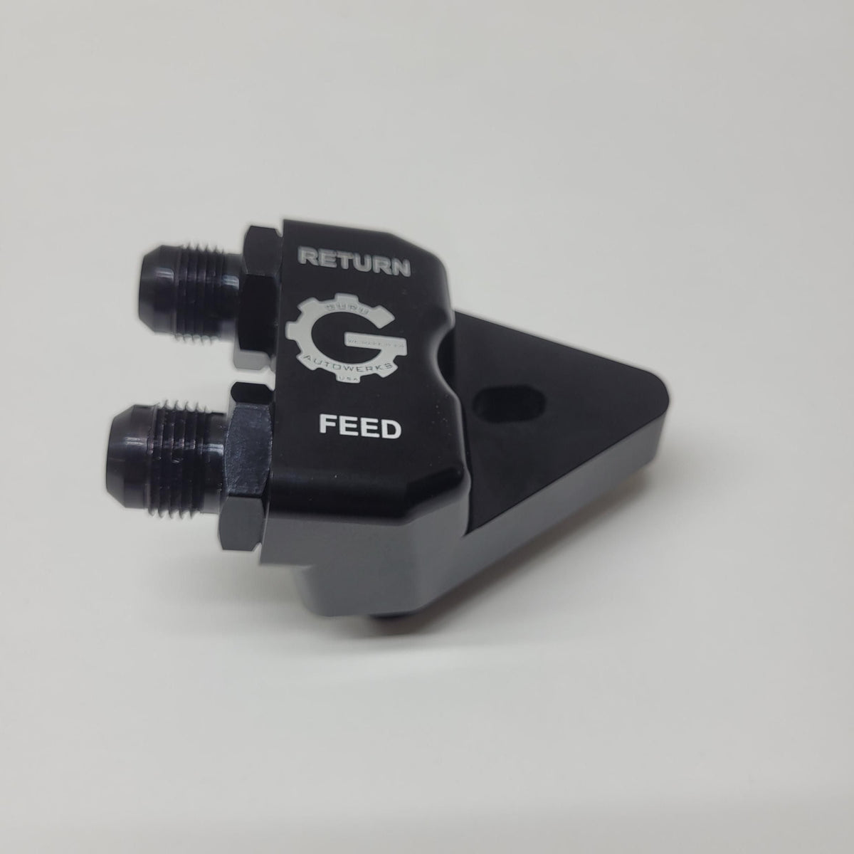 Cooler adapter side view showing engraved Return and Feed ports